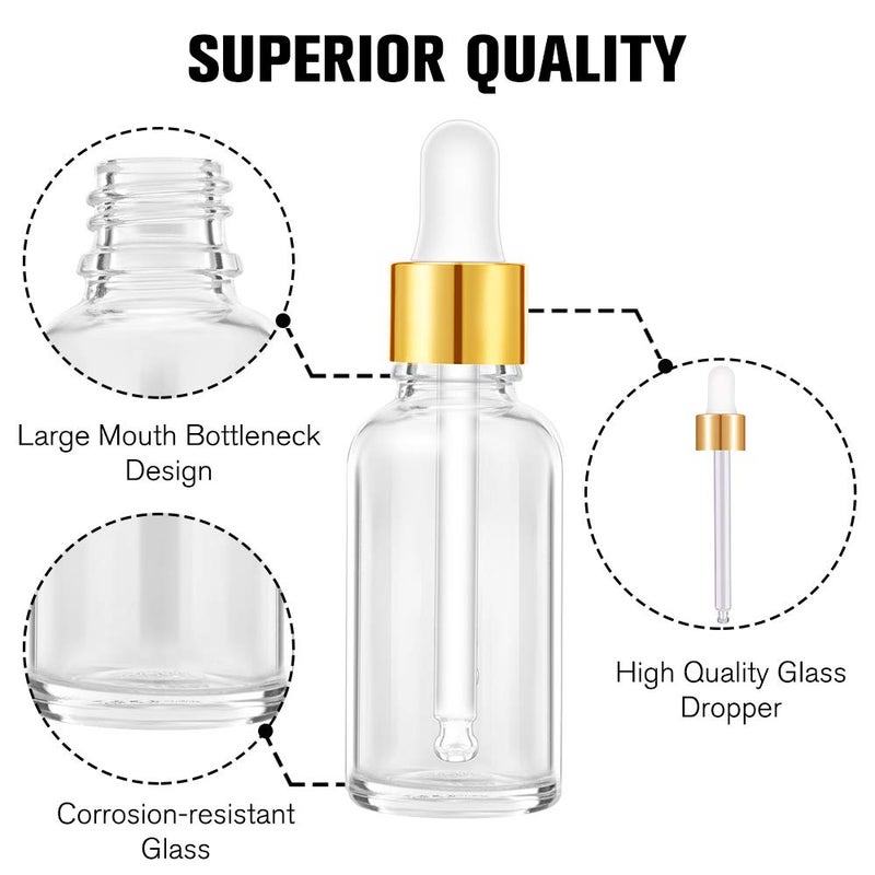 PrettyCare Glass Eye Dropper Bottles 24 Pack, 1oz (30ml) Clear Empty Thick Bottles Bulk with Leakproof Golden Caps - With Labels & Funnels for Storage, Travel, Essential Oils, Cuticle Oils, Tinctures - Image 4